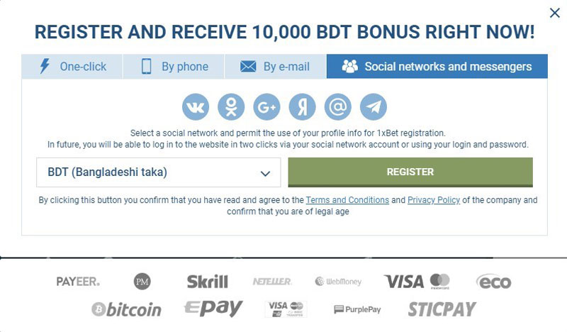 1xbet registration by social network